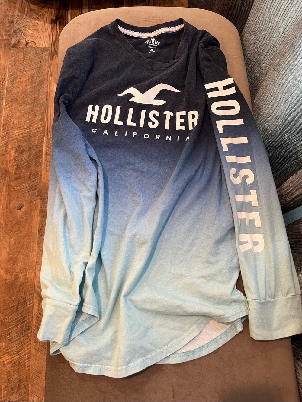 Hollister Navy to Sky Blue Ombre Long Sleeve Logo Tee